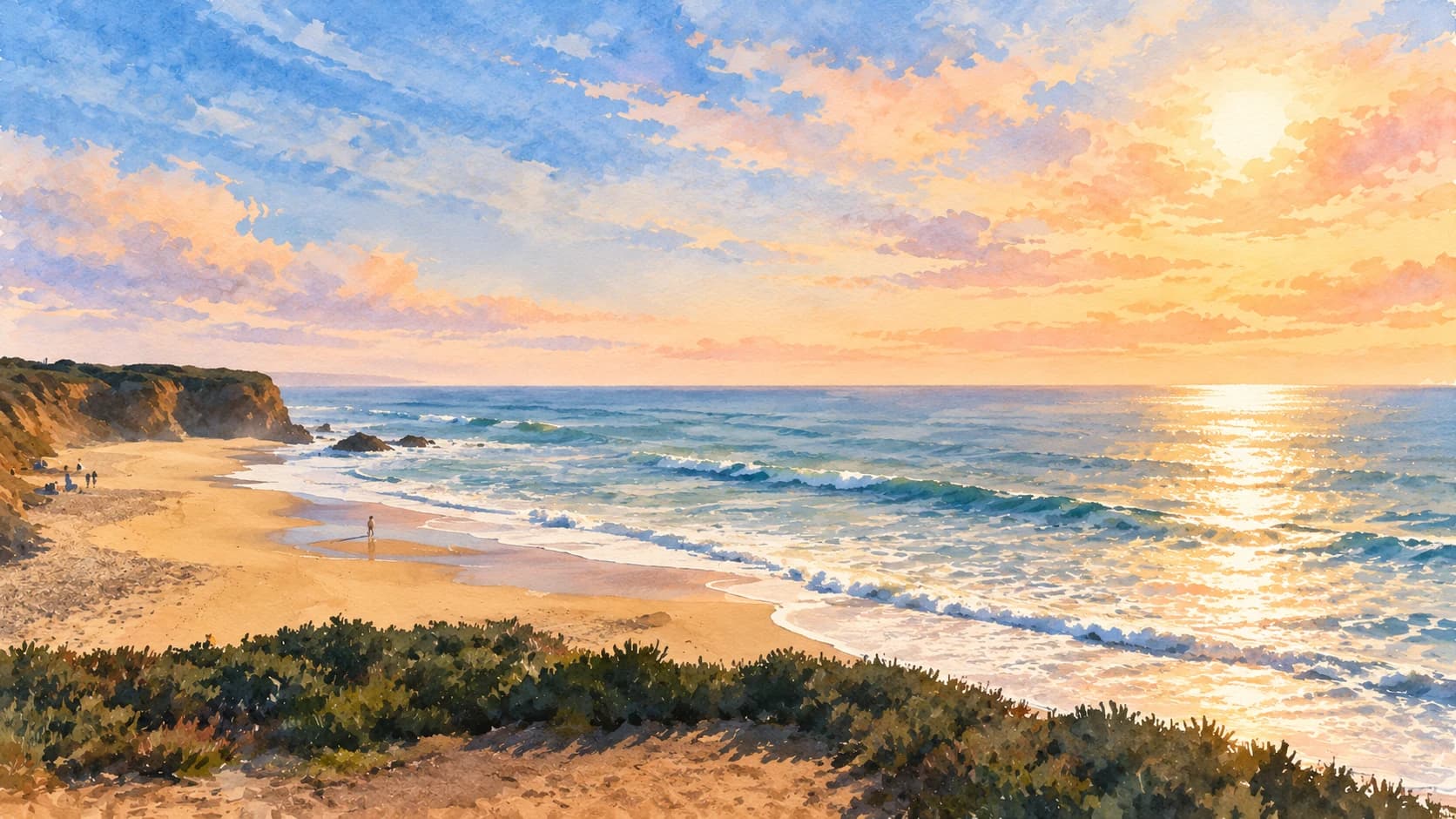 Watercolor view of a quiet Bay Area beach