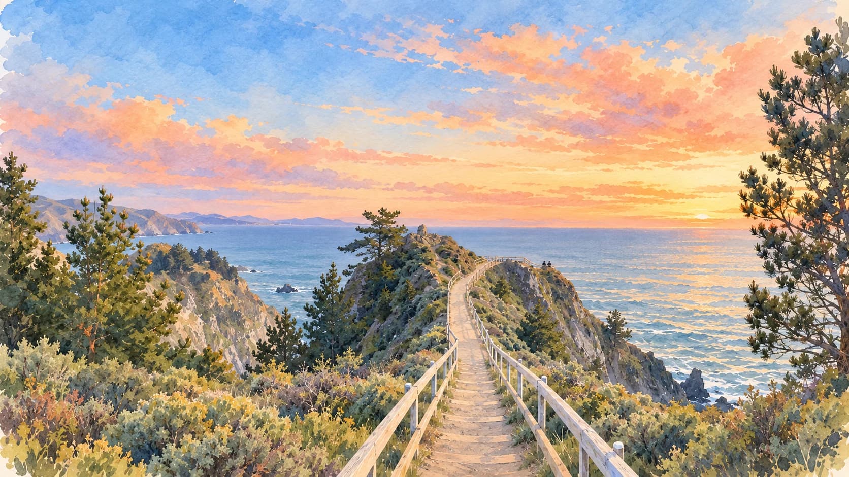 Watercolor view of a coastal trail at sunset