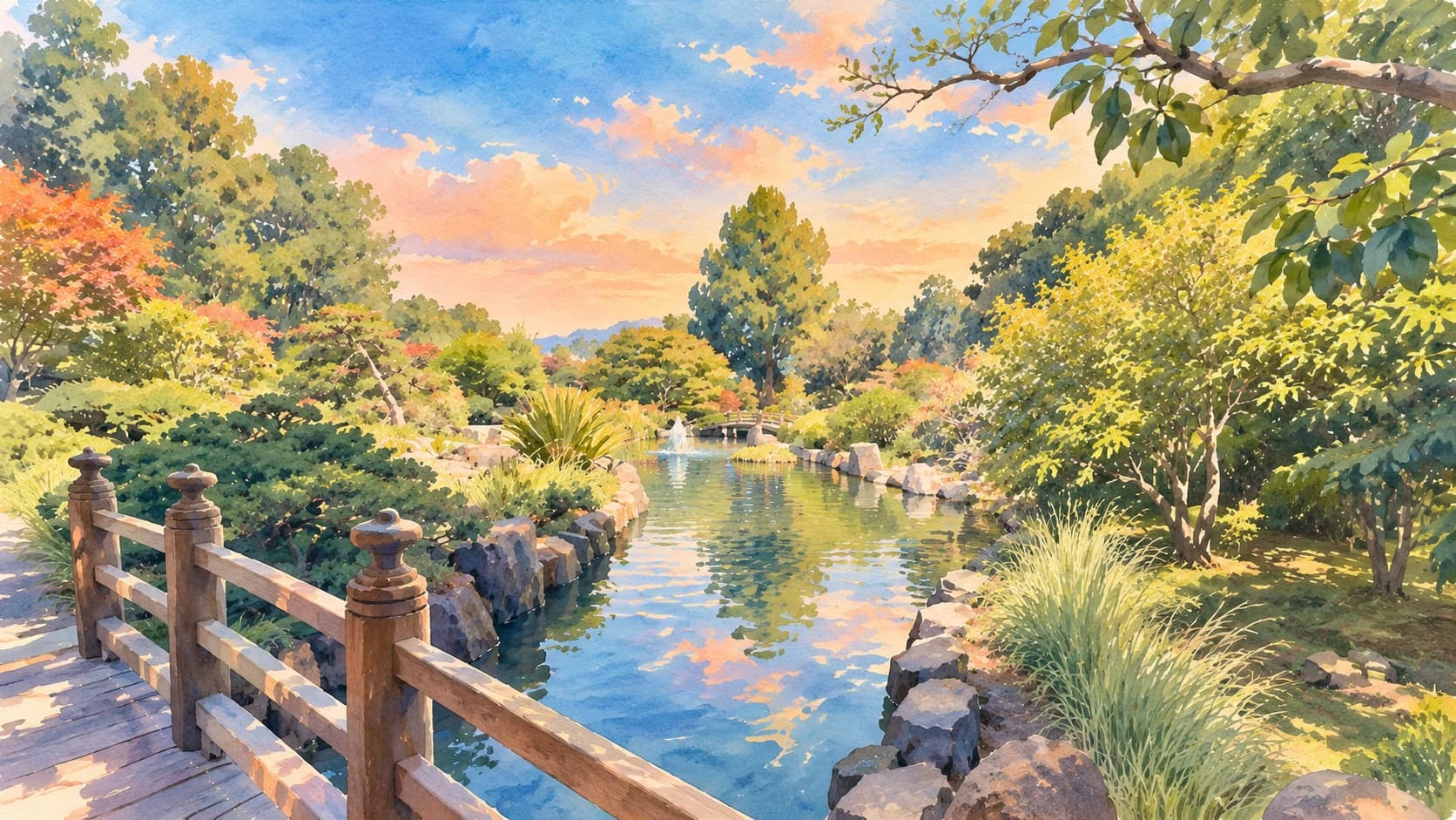 Watercolor view of a garden pond and wooden bridge